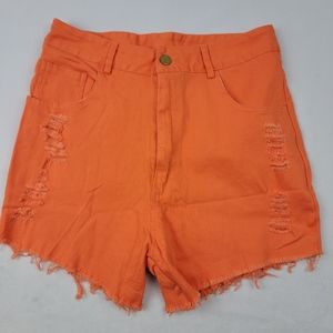 NWOT orange high-waisted raw hem distressed mom jean shorts